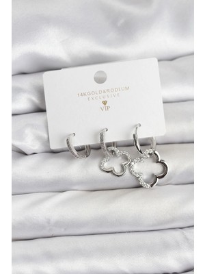 Toyigoo Ietaks™ Yonca Model Gümüş Renk Pirinç 3'lü Kadın Küpe Seti