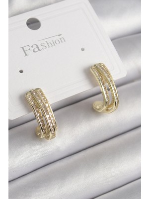 Toyigoo Ietaks™ Pirinç Gold Renk Zirkon Taşlı Yarım Halka Model Kadın Küpe