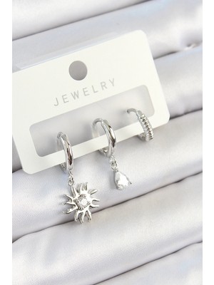 Toyigoo Ietaks™ Pirinç Zirkon Taşlı Güneş Model Gümüş Renk 3'lü Çift Kadın Küpe Set