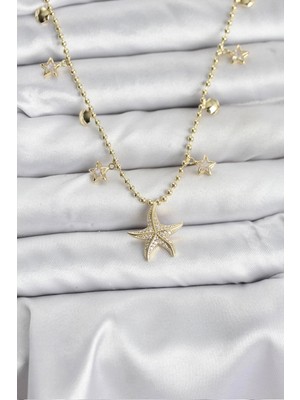 Toyigoo Ietaks™ Pirinç Gold Renk Zirkon Taşlı Deniz Yıldızı Model Kadın Kolye