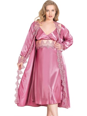 Toyigoo Ieg™ Büyük Beden Gül Kurusu Uzun Ikili Saten Sabahlık Gecelik Takımı