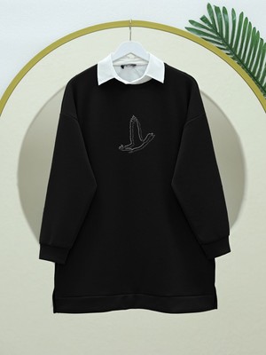 Modamorfo Kuş Desenli Taşlı Oysho Tunik  -Siyah