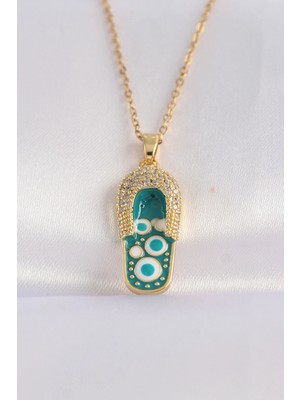 Toyigoo Ietaks™ 316L Çelik Zincir Zirkon Taşlı Altın Renk Nazarlı Terlik Tasarımlı Kolye