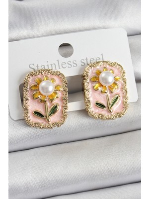 Toyigoo Ietaks™ Pirinç Pembe Mineli Papatya Figürlü Sanatsal Portre Model Gold Renk Kadın Küpe