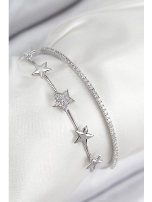 Toyigoo Ietaks™ Pirinç Zirkon Taşlı Yıldız Model Gümüş Renk Kadın Bileklik