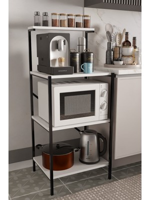 Steel Desing 4 Raflı Metal Ahşap Mutfak Raf Ünitesi ,kahve Köşesi ve Küçük Ev Aletleri Düzenleyici