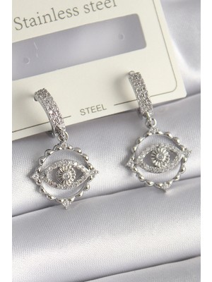 Toyigoo Ietaks™ Pirinç Gümüş Renk Zirkon Taşlı Göz Model Kadın Küpe