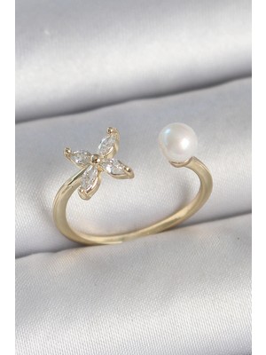 Toyigoo Ietaks™ Pirinç Gold Renk Zirkon Taşlı Çiçek Model Inci Detay Ayarlanabilir Kadın Yüzük