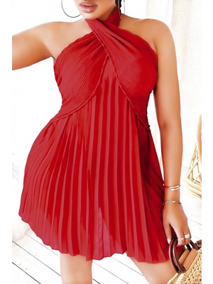 Toyigoo Ieg™ Büyük Beden Kırmızı Fırfırlı Boyundan Bağlamalı Gecelik