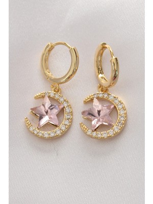 Toyigoo Ietaks™ Pirinç Gold Renk Pembe Zirkon Taşlı Yıldız Detay Ay Küpe