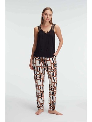Toyigoo Ieg™ Sıfır Kol V Yaka Viskon Geometrik Yazlık Uzun Ip Detaylı Pijama Takımı