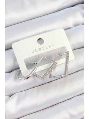 Toyigoo Ietaks™ Pirinç Zirkon Taşlı Dikdörtgen Model Gümüş Renk 3'lü Çift Kadın Küpe Set