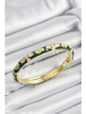 Toyigoo Ietaks™ Mineli Pirinç Krem ve Yeşil Çiçek Motifli Gold Renk Kadın Kelepçe