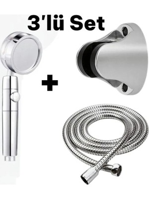 Online Home Market Deyhome Turbo Fanlı 3'lü Set  Gri  Turbo Jet Pervaneli Duş Başlığı+ Örgülü Hortum+Askı Aparatı