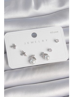 Toyigoo Ietaks™ Pirinç Gümüş Renk Zirkon Taşlı Kelebek Model Inci Detay 925 Ayar Gümüş Çivi Ka