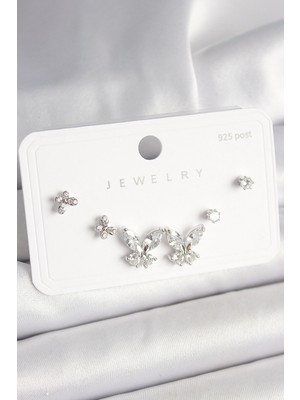 Toyigoo Ietaks™ 925 Ayar Gümüş Çivi Pirinç Zirkon Taşlı Kelebek Model Kadın Küpe Seti