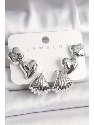 Toyigoo Ietaks™ Gümüş Renk Yonca Kalp Deniz Kabuğu Figür Ccb Kadın Küpe Seti