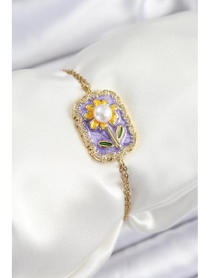 Toyigoo Ietaks™ 316L Çelik Zincir Mor Mineli Sanatsal Portre Inci Detaylı Papatya Model Gold Renk Kad�