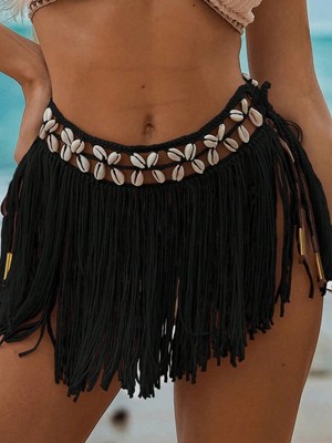 Toyigoo Ieg™ Siyah Bikini Üstü Deniz Kabuklu Püsküllü Pareo,beachwear,bikini Üstü El Emeği Plaj E