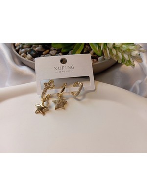Xuping Jewelry Xuping Gold Lüks Kaplama Üçlü Yıldız Kombin Küpe Seti - 1 cm