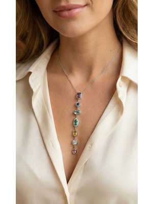 Toyigoo Ietaks™ Pirinç Renkli Zirkon Taşlı Model Gümüş Renk 7 Element Kadın Y Kolye