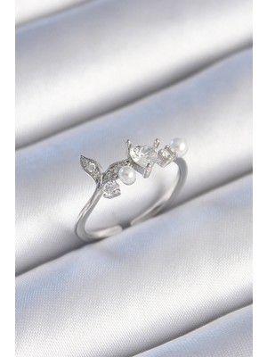 Toyigoo Ietaks™ Pirinç Gümüş Renk Zirkon Taşlı Kalp Yaprak Model Inci Detay Kadın Yüzük