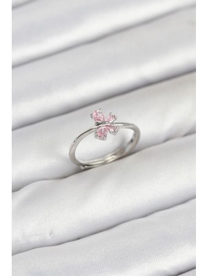 Venüs Shopping Pirinç Gümüş Renk Pembe Kelebek Kadın Yüzük