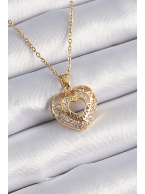 Venüs Shopping 316L Çelik Gold Renk Zirkon Taşlı Kalp Model Vintage Kadın Kolye