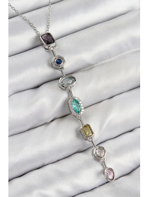 Venüs Shopping Pirinç Renkli Zirkon Taşlı Model Gümüş Renk 7 Element Kadın Y Kolye