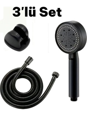 Deyhome 3'lü Set 5 Kademeli Siyah Duş Başlığı + 150 cm Duş Hortumu + Askı Aparatı