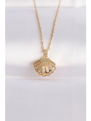 Venüs Shopping 316L Çelik Zincir Altın Renk Zirkon Taşlı Inci Detay Istiridye Kolye