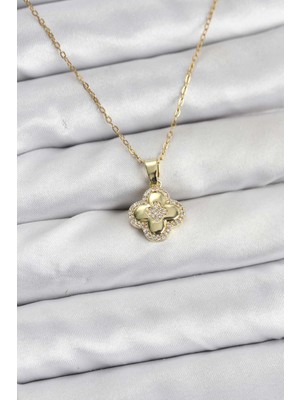 Venüs Shopping 316L Çelik Zincir Gold Renk Zirkon Taşlı Yonca Model Kadın Kolye
