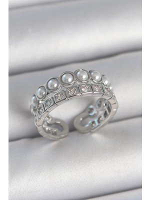 Venüs Shopping Pirinç Gümüş Renk 2'li Sıra Zirkon Taşlı ve Incili Ayarlanabilir Kadın Yüzük