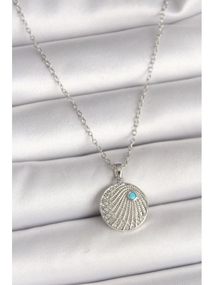 Venüs Shopping 316L Çelik Gümüş Renk Zincir Zirkon Taşlı Mavi Taş Detaylı Madalyon Model Kadın Kolye