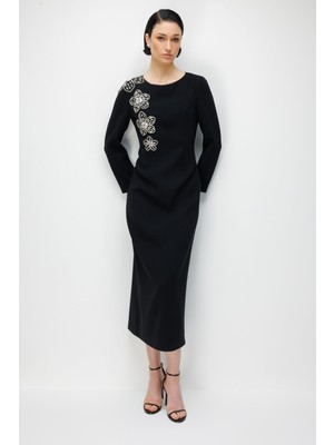60093 Modailgi Çiçek Desenli Taş Aksesuarlı Klasik Kalem Elbise