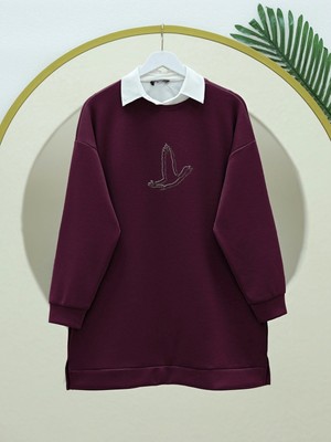 Modamorfo Kuş Desenli Taşlı Oysho Tunik  -Bordo