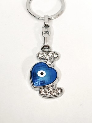 Moncuk Design Taşlı I Harfi ve Nazar Boncuklu Kalp Anahtarlık Gümüş Renk – Işıltılı Koruyucu Şık Çanta & Anahtar Aksesuarı