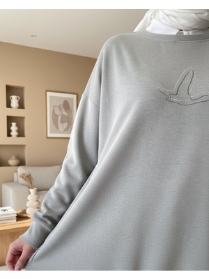 Modamorfo Kuş Desenli Taşlı Oysho Tunik  -Açık Gri