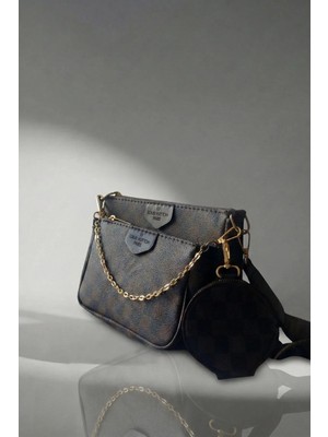 Vivazzaluxe 3'lü Model Damalı Desen Deri Kadın El, Omuz, Çapraz Çanta