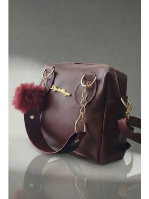 Vivazzaluxe Mini Model Puf Charm Detaylı Deri Bordo Kadın El, Omuz, Çapraz Çanta