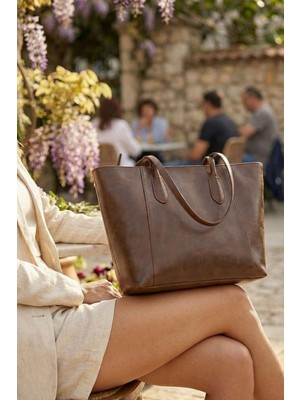 Vivazzaluxe Modern Tasarım Deri Acı Kahve Büyük Boy Kadın El, Kol, Omuz Çanta