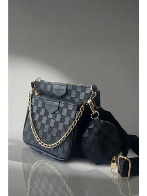 3'lü Model Damalı Desen Siyah Deri Kadın El, Omuz, Çapraz Çanta