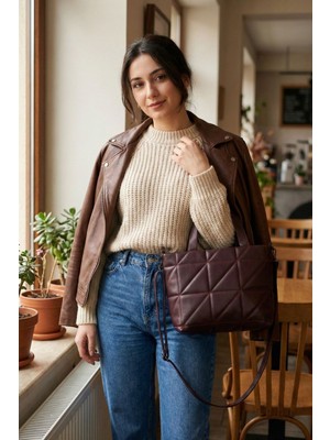 Kapitone Desen Günlük Model Deri Bordo Orta Boy Kadın El ve Omuz Çanta