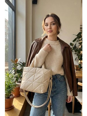 Kapitone Desen Günlük Model Deri Krem Orta Boy Kadın El ve Omuz Çanta