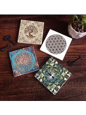 Yaşam Çiçeği, Hayat Ağacı Taş Bardak Altlığı Seti - 4 Parça - Dekoratif, Rustik Mutfak Aksesuarı, 10X10 Cm, Kaydırmaz Tabanlı, Şık ve Dayanıklı SC106