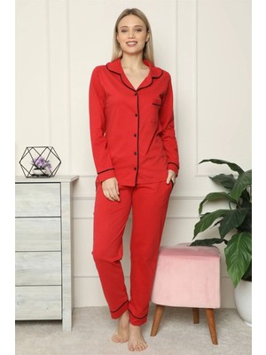 Alfa Aksesuar 03 Moda Kadın %100 Pamuk Penye Önden Düğmeli Uzun Kol Pijama Takım Kırmızı Beruflic