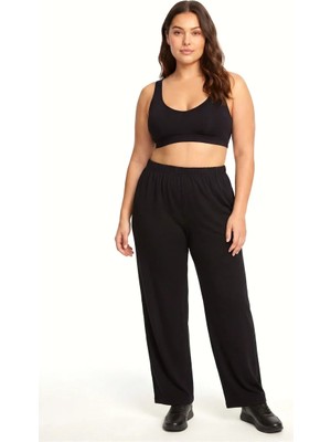 Alfa Aksesuar 03 Moda Kadın Siyah Dokulu Büyük Beden Cepli Pijama Altı Rahat Kesim Esnek Bel Günlük Ev Giyim Al