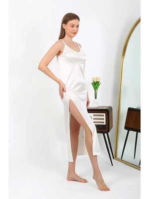 Alfa Aksesuar 03 Moda Yırtmaçlı Uzun Saten Gecelik Ekru Beruflic