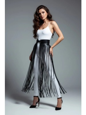 Alfa Aksesuar 03 Giyim Siyah Etek Suni Deri Etek Püsküllü Uzun Yüksek Bel Etek - BRF1003 Beruflic