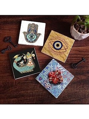 Nazar, Şahmeran, Nar, Fatma Ana Eli  Taş Bardak Altlığı Seti - 4 Parça - Dekoratif, Rustik Mutfak Aksesuarı, 10X10 Cm, Kaydırmaz Tabanlı, Şık ve Dayanıklı SC507